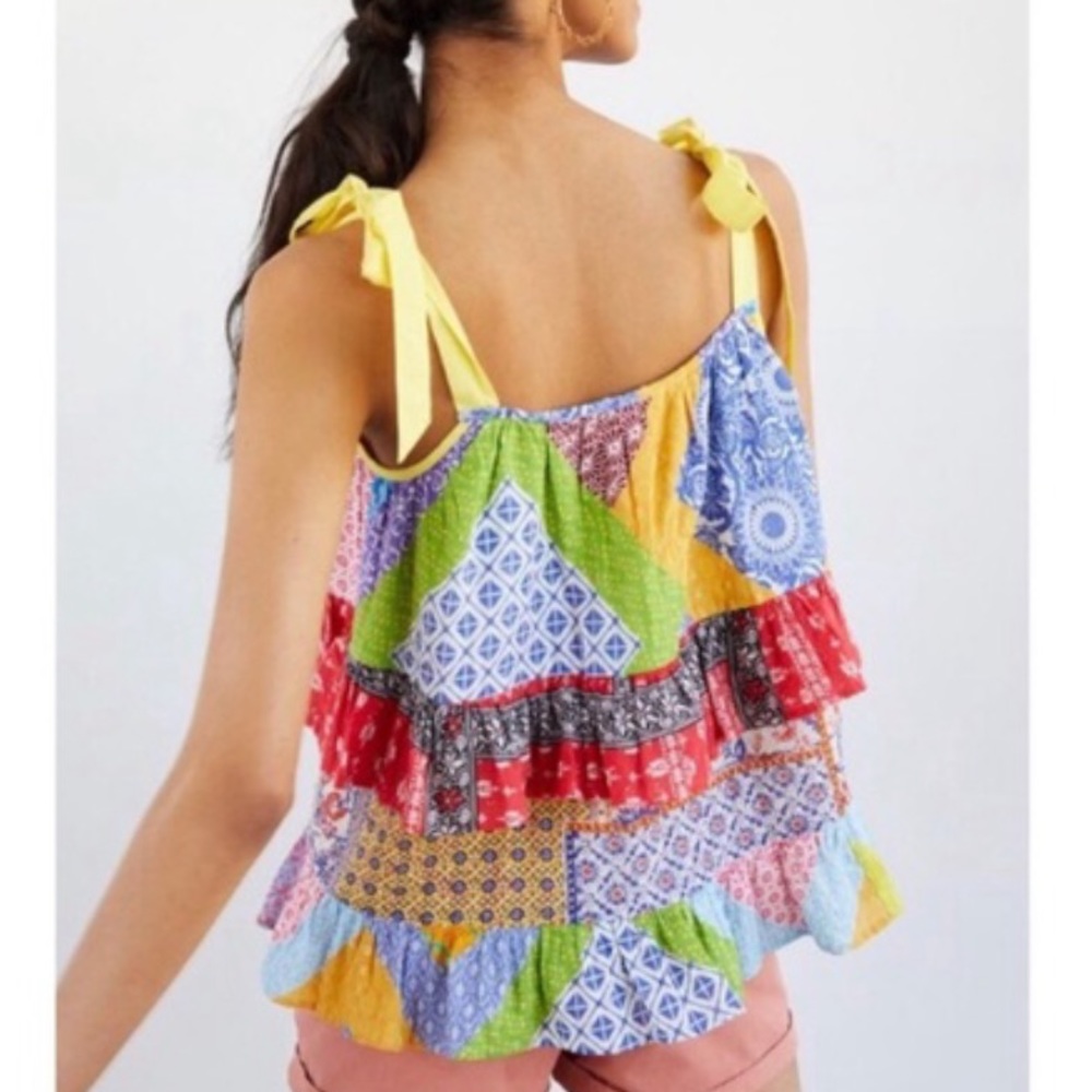 Anthropologie x Let Me Be Patchwork 10 / Med Yellow Red Ruffed Tie Shoulder Tank